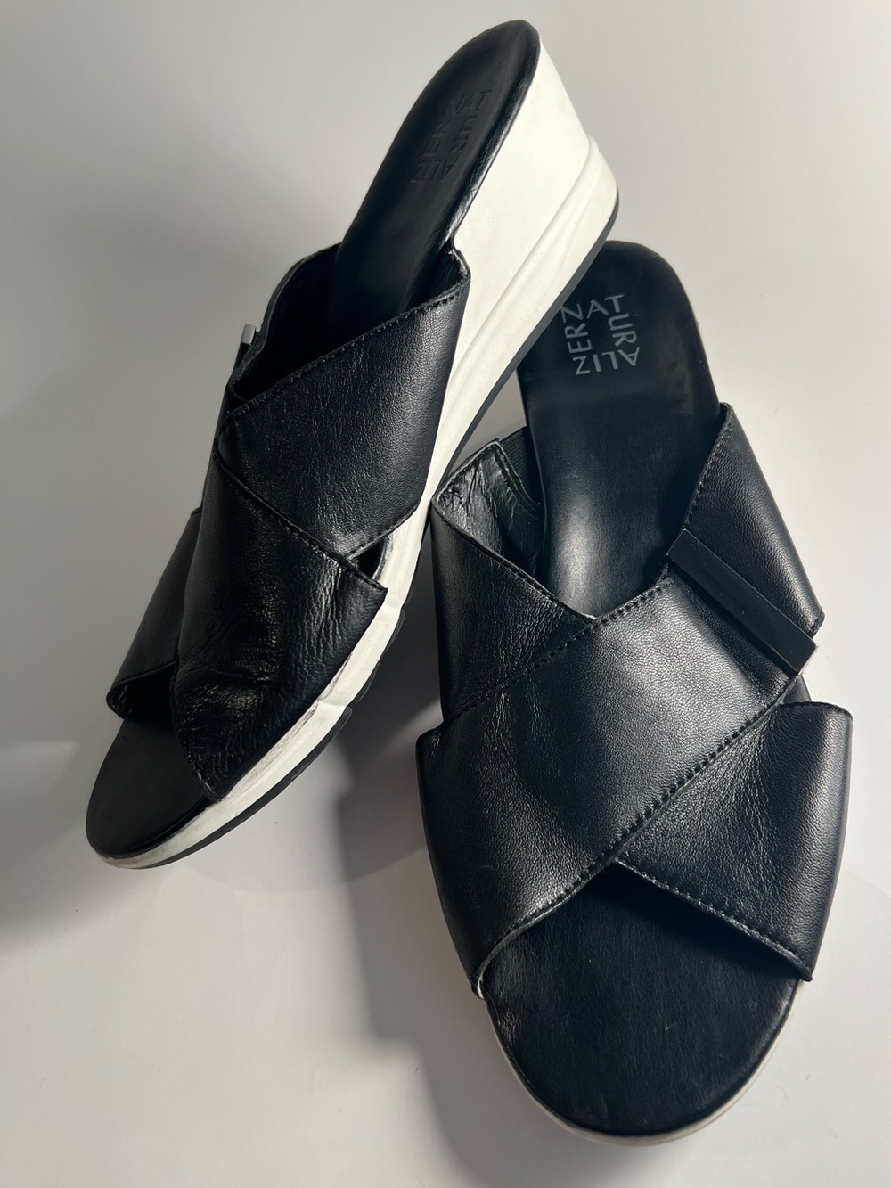 Naturalizer Black Leather Crisscross Mule Wedges with White Platform Size 12 - Picture 9 of 14